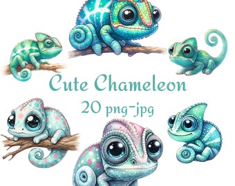 20 Cute Chameleon Clipart, High Quality Cute Chameleon Clipart, Watercolor Cute Chameleon Transparent Background 300 Dpı PNG JPG Clipart