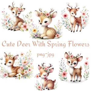 Clipart de veado fofo com flores de primavera, clipart de veado floral em aquarela, clipart de animais da floresta, aquarela 300 Dpı PNG JPG Clipart