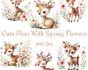 Lindo ciervo con flores de primavera clipart, acuarela floral ciervo clipart, imágenes prediseñadas de animales del bosque, acuarela 300 dpı PNG JPG clipart