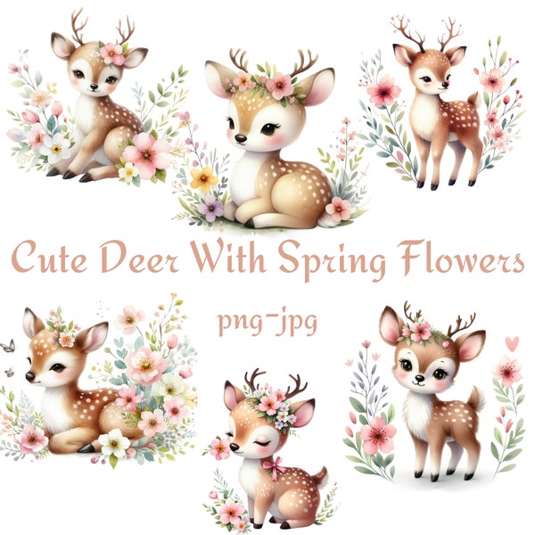 Cute Deer With Spring Flowers Clipart, Watercolor Floral Deer Clipart, Forest Animals Clipart, Watercolor 300 Dpı PNG JPG Clipart