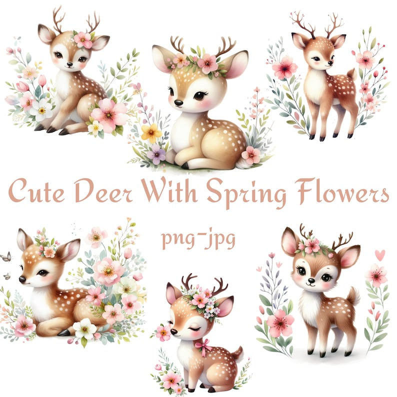 Pode incluir: Cinco veados de desenho animado fofinhos com coroas florais e flores da primavera. Os veados s&atilde;o marrons com manchas brancas e t&ecirc;m olhos grandes e castanhos. As flores s&atilde;o cor-de-rosa, brancas e roxas.