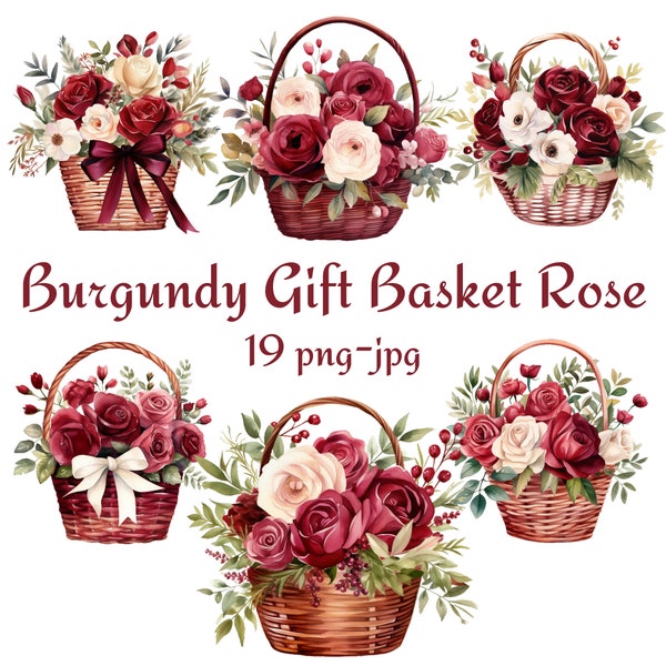 19 Burgundy Gift Basket Rose Clipart, Wedding Bridal Shower Burgundy Gift Basket Rose Clipart, Watercolor Burgundy Gift Basket Rose PNG JPG