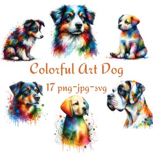 17 bunte Kunst Hund Clipart, bunte süße Hunde Clipart, Aquarell bunter Kunst Hund hoher Qualität transparenten Hintergrund 300 Dpı PNG JPG SVG