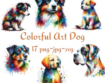 May include: A set of 5 colorful watercolor paintings of dogs. Each dog is painted in a different color scheme with splashes of color around them. The dogs are all different breeds, including a Labrador Retriever, a Boxer, a German Shepherd, and a Golden Retriever.