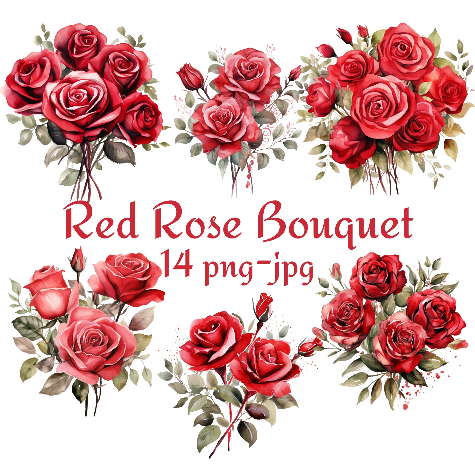14 Red Rose Bouquet Clipart, Wedding Bridal Shower Red Rose Bouquet