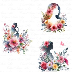 Puede incluir: Tres ilustraciones de acuarela de siluetas de mujeres rodeadas de flores coloridas. La primera ilustraci&oacute;n presenta a una mujer sentada con la mano en la barbilla. La segunda ilustraci&oacute;n presenta a una mujer con el pelo ondeando detr&aacute;s de ella. La tercera ilustraci&oacute;n presenta a una mujer con una corona de flores en la cabeza.