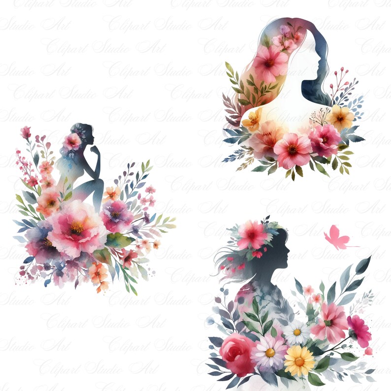 Puede incluir: Tres ilustraciones de acuarela de siluetas de mujeres rodeadas de flores coloridas. La primera ilustraci&oacute;n presenta a una mujer sentada con la mano en la barbilla. La segunda ilustraci&oacute;n presenta a una mujer con el pelo ondeando detr&aacute;s de ella. La tercera ilustraci&oacute;n presenta a una mujer con una corona de flores en la cabeza.