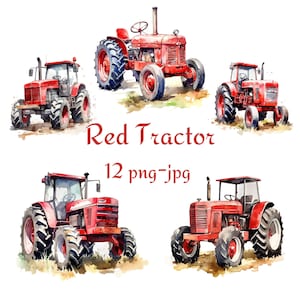 Red Tractor Farming Vehicles Clipart, Watercolour Red Tractor Clipart, Watercolor Red Tractor 300 Dpı PNG JPG High Quality Clipart
