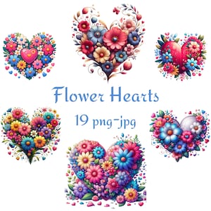 19 Dia dos Namorados Flores Coloridas em Forma de Coração Clipart, Aquarela Flores Coloridas em Forma de Coração Clipart 300 Dpı PNG JPG Clipart