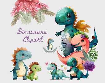 Dinosaurs Watercolor clipart, Cute Dino Baby Shower Graphics, Birthday Party Graphics, Nursery Decor Wall Art, Jungle Animal Clipart PNG
