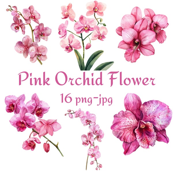 16 Pink Orchid Flower Clipart, Wedding Bridal Shower Pink Orchid Flower Clipart, Watercolor Pink Orchid Flower PNG JPG