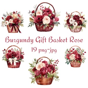 19 Bourgondië cadeau mand Rose clipart, bruiloft bruids douche Bourgondië cadeau mand Rose clipart, aquarel Bourgondië cadeau mand Rose PNG JPG