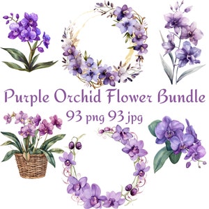 93 lila Orchideenblüten-Bundle, Korb, Orchideenstrauß, Orchideenblüte, Orchideenkranz, Orchideenkranz mit goldenem Glitzer Aquarell PNG JPG