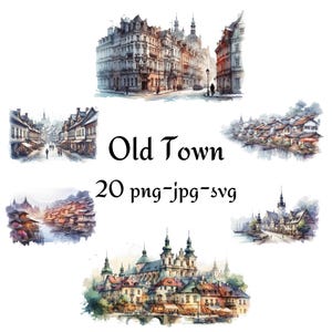 20 Clipart acquerello della città vecchia, Clipart decorazioni natalizie case, Clipart PNG JPG SVG della città vecchia, Nostalgia, 300 DPi