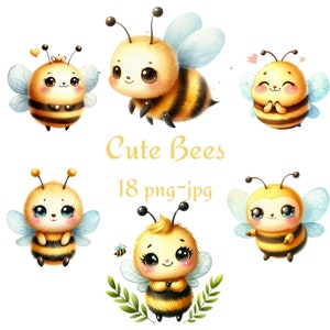 18 süße Bienen Clipart, süße Bienen Clipart, Aquarell süße Bienen hoher Qualität transparenten Hintergrund 300 Dpı PNG JPG