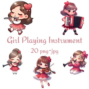 20 Clipart de instrumento feminino do Dia dos Namorados, Clipart de garotas bonitas tocando vários instrumentos, Aquarela do Dia dos Namorados 300 Dpı PNG JPG