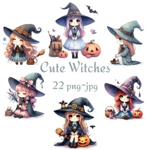 22 Süße Hexen Clipart, kleine Hexe Clipart, Aquarell Süße Hexen Hochwertiger transparenter Hintergrund 300 Dpı PNG JPG Clipart