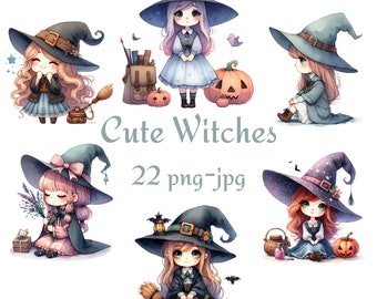 22 Cute Witches Clipart, Little Witch Clipart, Watercolor Cute Witches High Quality Transparent Background 300 Dpı PNG JPG Clipart