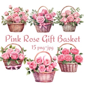15 Rosa Rose Geschenk Korb Clipart, Hochzeit Brautparty Rosa Rose Geschenkkorb Blumen Clipart, Aquarell Rose Rosa Rose Geschenkkorb PNG JPG