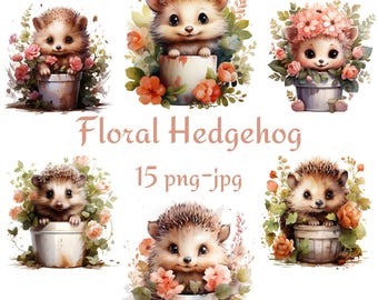 15 Süße Blumen Igel Clipart, Blumen Baby Igel Clipart, Aquarell Süßer Blumen Igel Transparenter Hintergrund 300 Dpı PNG JPG