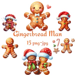 15 Lebkuchenmann Clipart, Weihnachtscliparts, Aquarell Lebkuchen Weihnachtsmannmütze Hochwertiger transparenter Hintergrund 300 Dpı PNG JPG Clipart