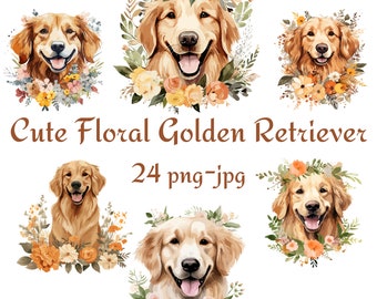 24 Golden Retriever Dog Clipart, Floral Golden Retriever Dog Clipart, Watercolor Floral Golden Retriever Dog 300 Dpı PNG JPG Clipart