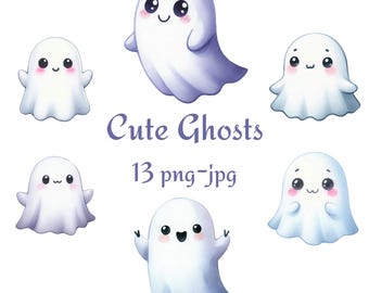 13 Cute Ghosts Clipart, Halloween Cute Ghosts, Watercolor Cute Ghosts High Quality Transparent Background 300 Dpı PNG JPG Clipart