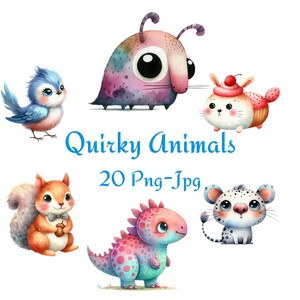 20 Animais Peculiares Pacote de Cliparts Fofos Animais Caprichosos de Safári Cachorro Gato Dinossauro Clipart Gráficos Caprichosos de Aniversário, Aquarela 300 DPi PNG JPG
