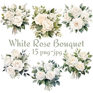 15 weiße Rose Bouquet Clipart, Hochzeit Brautdusche weiße Rose Bouquet Blumen Clipart, Aquarell weiße Rose Bouquet Clipart PNG JPG