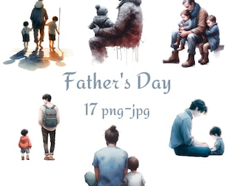 17 Clipart do Dia dos Pais, Clipart de Pai e Filhos, Aquarela Dia dos Pais, fundo transparente de alta qualidade 300 Dpı PNG JPG Clipart