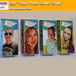 May include: Set of four comic-style cards with colourful backgrounds and speech bubbles. Each card features a different person's photo with a comic-style filter applied. The text on the cards reads "Your Text Here..."