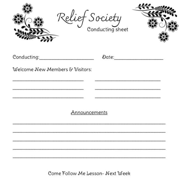 Relief Society Conducting Sheet; Date; Conducting; Announcements; Lesson By; Next Lesson