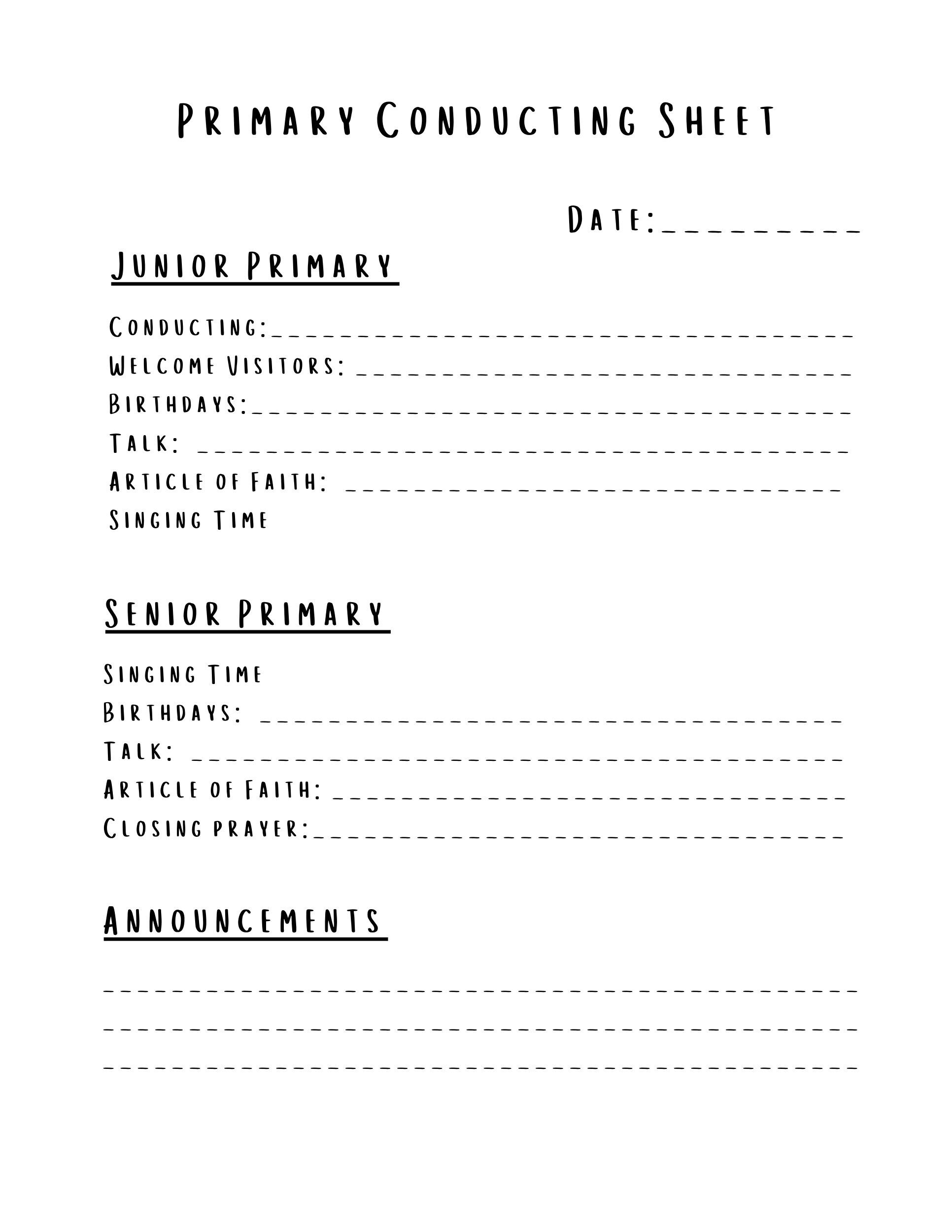 Primary Conducting Sheet Junior &amp; Senior Singing Time Church of Jesus ...
