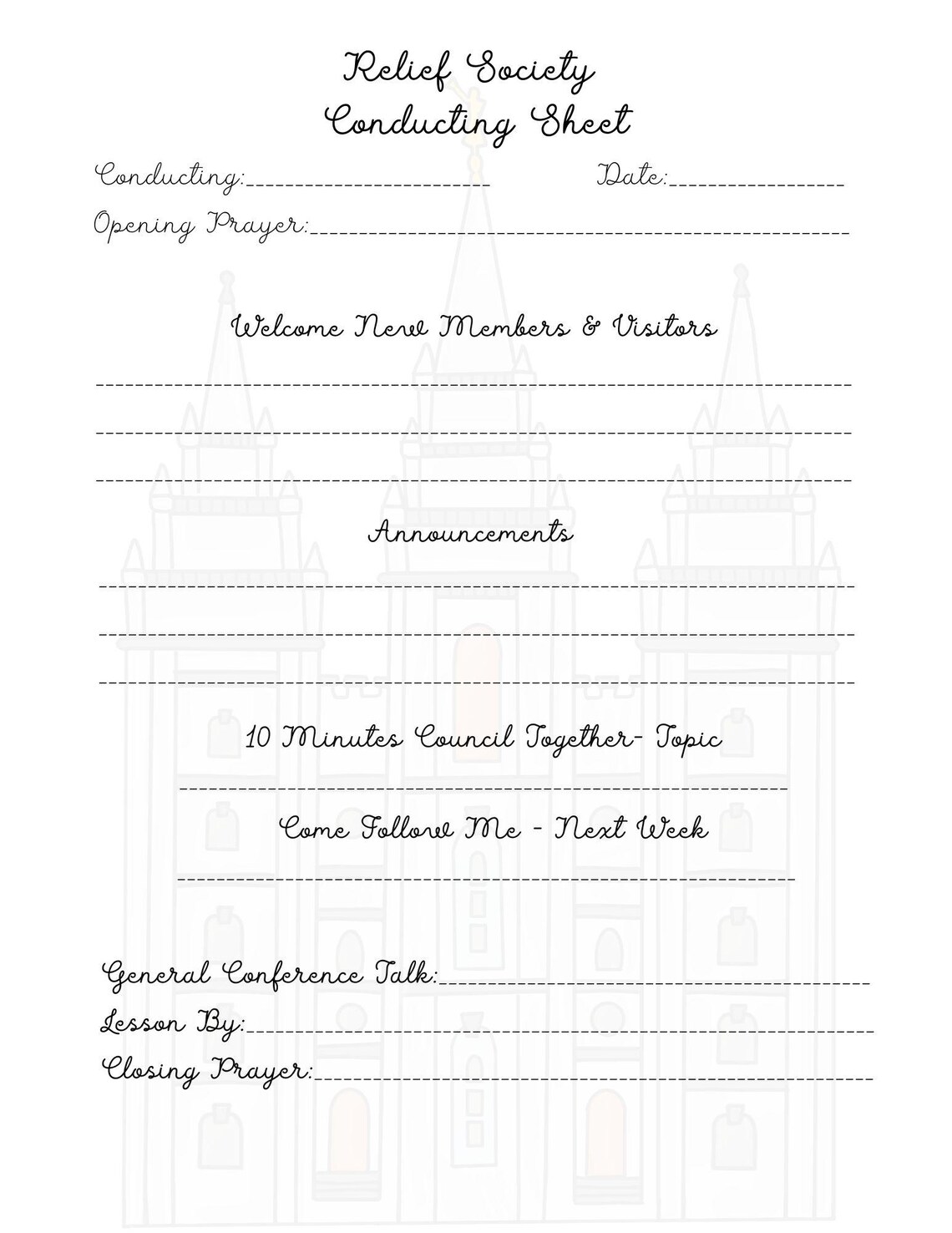 Relief Society Conducting Sheet; Temple Background; Come Follow Me - Etsy