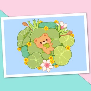 Impression d'art grenouille étang - carte postale ours mignon - art mural animal kawaii A5 - cadeau pour amateur de papeterie