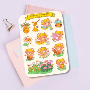 Süßer Aufkleber Bogen - Kawaii Sticker Pack - Mini Essen Aufkleber - Handgezeichnet Imker Bär