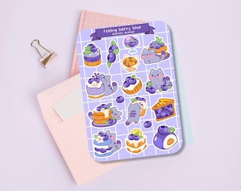 Cute Sticker Sheet - Kawaii Sticker Pack - Mini Flower Stickers - Handdrawn Blueberry Cat