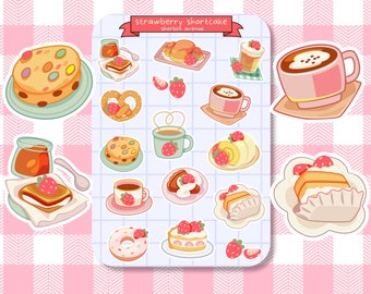 Strawberry Shortcake Sticker Sheet - Kawaii Cat Kiss Cut Stickers - Journal Planner Aesthetic - Waterproof Vinyl Stickers