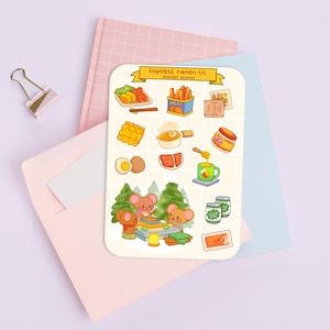Adorable feuille d'autocollants - Pack d'autocollants kawaii - Mini autocollants alimentaires - Souris ramen dessinées à la main