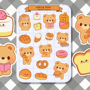 Jolie feuille d'autocollants - pack d'autocollants kawaii - mini autocollants alimentaires - ours boulangerie dessiné à la main