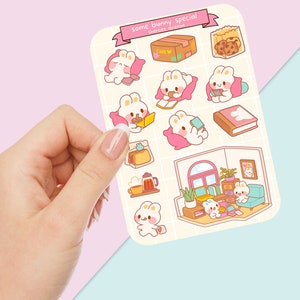 Süßer Aufkleber Bogen - Kawaii Sticker Pack - Mini Essen Aufkleber - Handgezeichnetes gemütliches Häschen