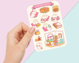 Arkusz uroczych naklejek - Kawaii Sticker Pack - Mini naklejki z jedzeniem - Ręcznie rysowany przytulny króliczek