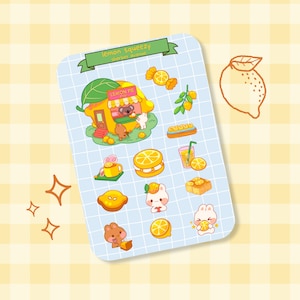 Hoja de pegatinas de conejito - Pegatinas de vinilo recortadas con forma de limón kawaii - Calcomanías estéticas para planificadores y diarios