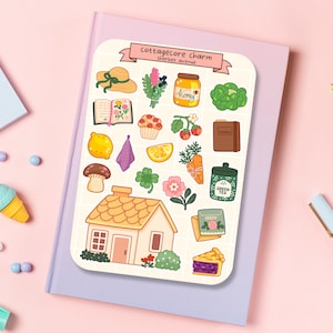 Jolie feuille d'autocollants - pack d'autocollants kawaii - mini autocollants alimentaires - breloque Cottagecore dessinée à la main