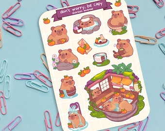 Cute Sticker Sheet - Kawaii Sticker Pack - Mini Flower Stickers - Handdrawn Capybara Daily Life