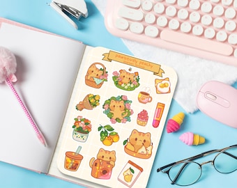 Cute Sticker Sheet - Kawaii Sticker Pack - Mini Food Stickers - Handdrawn Summer Cat