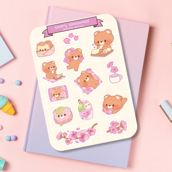 Cute Sticker Sheet - Kawaii Sticker Pack - Mini Flower Stickers - Handdrawn Sakura Bear