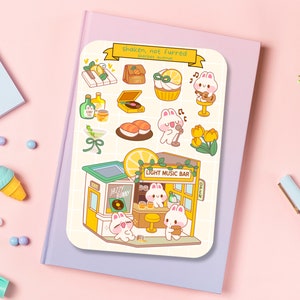Jolie feuille d'autocollants - pack d'autocollants kawaii - mini autocollants alimentaires - lapin martini dessiné à la main