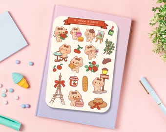 Schattig stickervel - Kawaii-stickerpakket - minivoedselstickers - handgetekende kat in Parijs