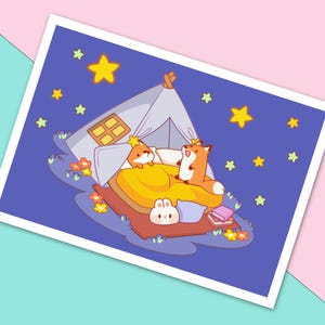 Impression d'art renard de camping - jolie carte postale de forêt - art mural animal kawaii A5 - cadeau pour amateur de papeterie